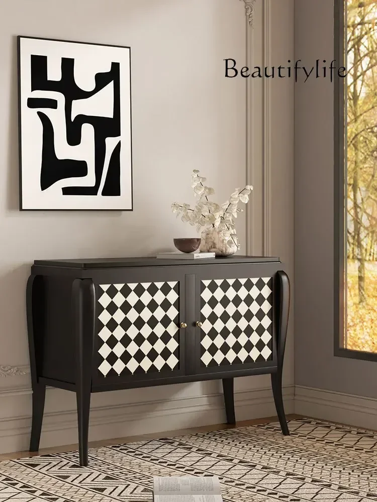 French Retro Solid Wood Sideboard Double Door Black and White Plaid Storage Corridor Entrance Cabinet Lobby Wine Cabinet