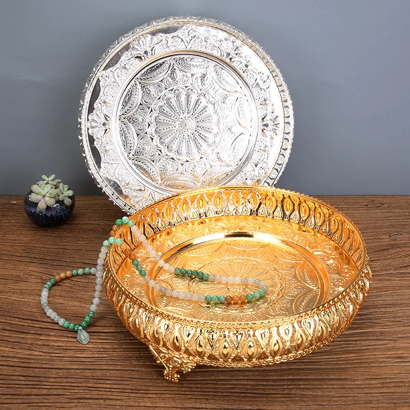 Room fruit tray round storage simple and fashionable home furnishings food with handle  decoration gold silver  