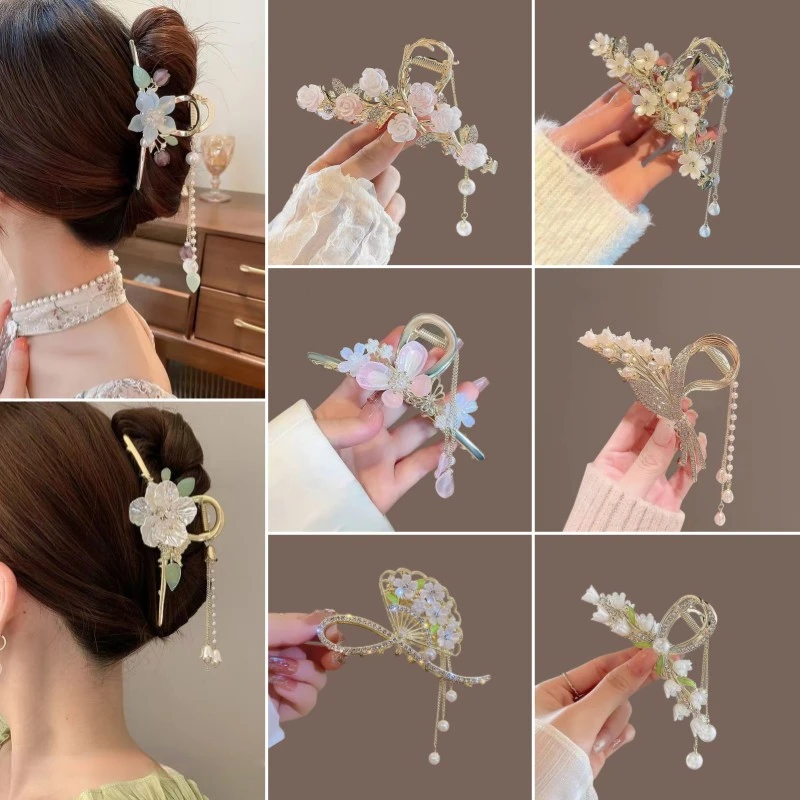 

2024 Floral Tassel Hair ClipClaw Vintage Style Fashion Exquisite Shark Claw Hairpin for Women and Girls