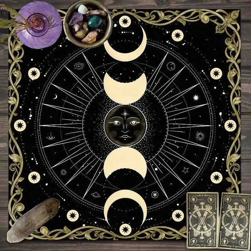 VIKAMA Triple Moon Sun Face Tarot Table Cloth Black Gold Wiccan Altar Cloth Moon Phase Witch Occult Home Decor Mat