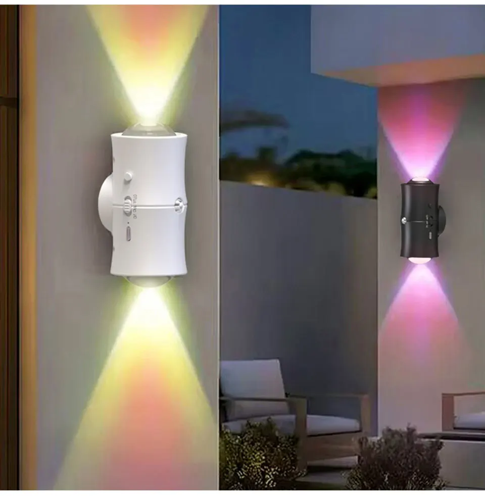 ไฟกลางคืนแบบชาร์จไฟได้สองหัว LED พร้อมเซ็นเซอร์ตรวจจับความเคลื่อนไหว ไฟ RGB สามสี ติดผนังแม่เหล็ก ให้แสงสร้างบรรยากาศสำหรับห้องโถงและบันได