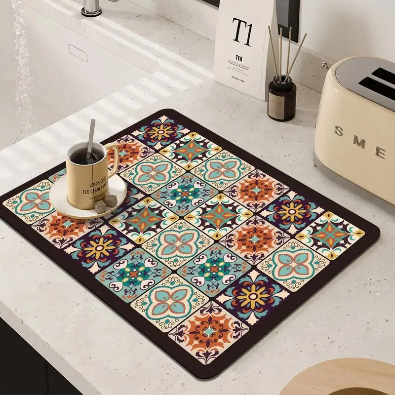 VIKAMA Bohemian Moroccan Floral Tile Drain Mat, Absorbent and Non-Slip Kitchen Countertop Mat, Coffee Machine Table Decoration