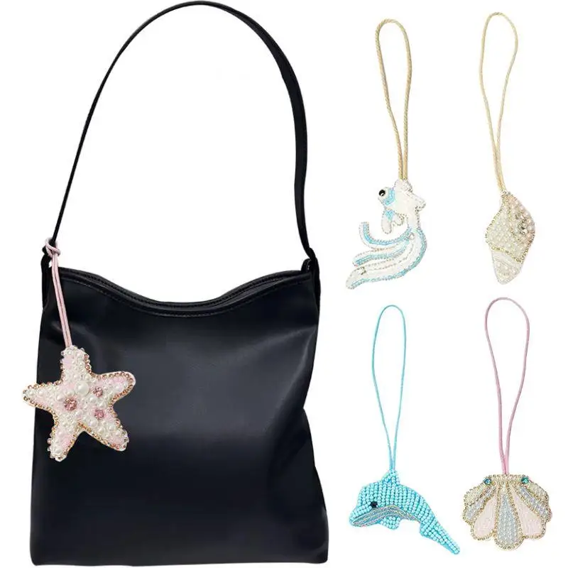 

3D Beaded Patch Pendant Marine Organism Crystal Bag Lanyard Patch Conch Shells Beading Applique Patch Bag Charm Handmade