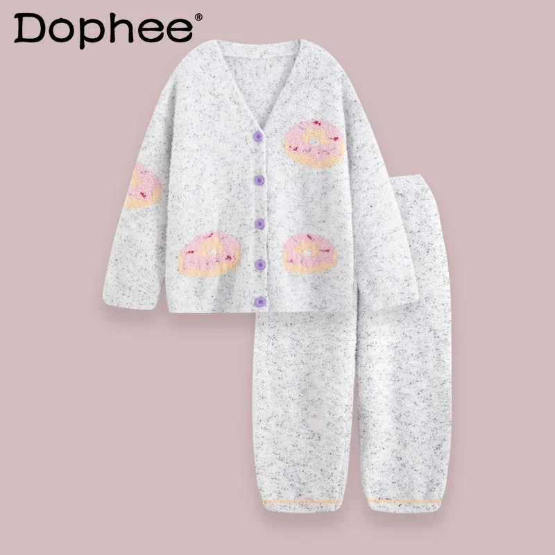 

2025 New Winter Soft Thickened Warm Pajamas Coral Fleece Cute Sweet Japanese Style Wearable Cardigan Homewear for Women
