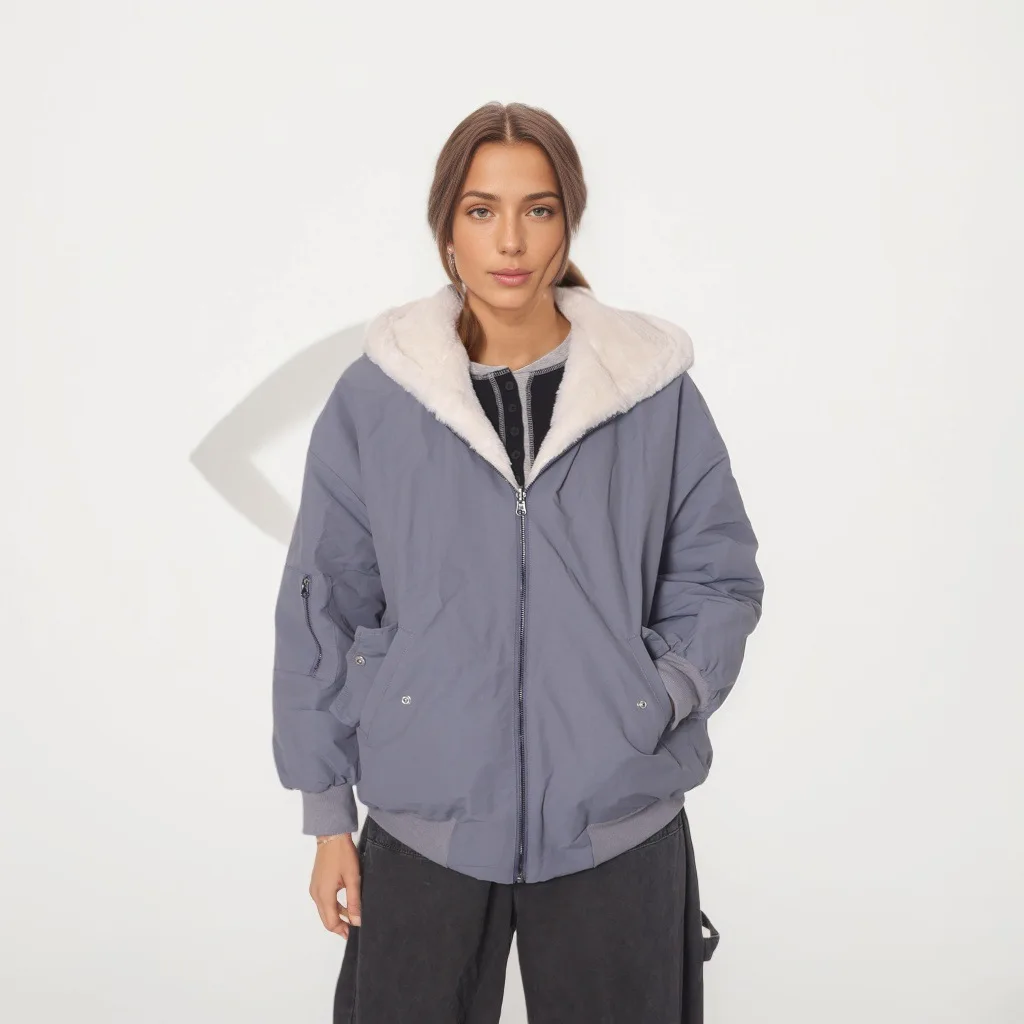 Cryptographic Autumn Winter Faux Fur Collar Solid Hooded Coats for Women Casual Zip Up Hoodies Coats & Jackets Warm Streetwear