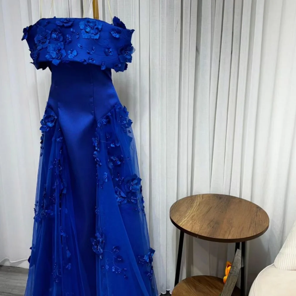 Cathy personalizar azul 3D flores fuera del hombro vestidos de fiesta satén A-line vestidos de novia hasta el suelo vestidos de noche 2024