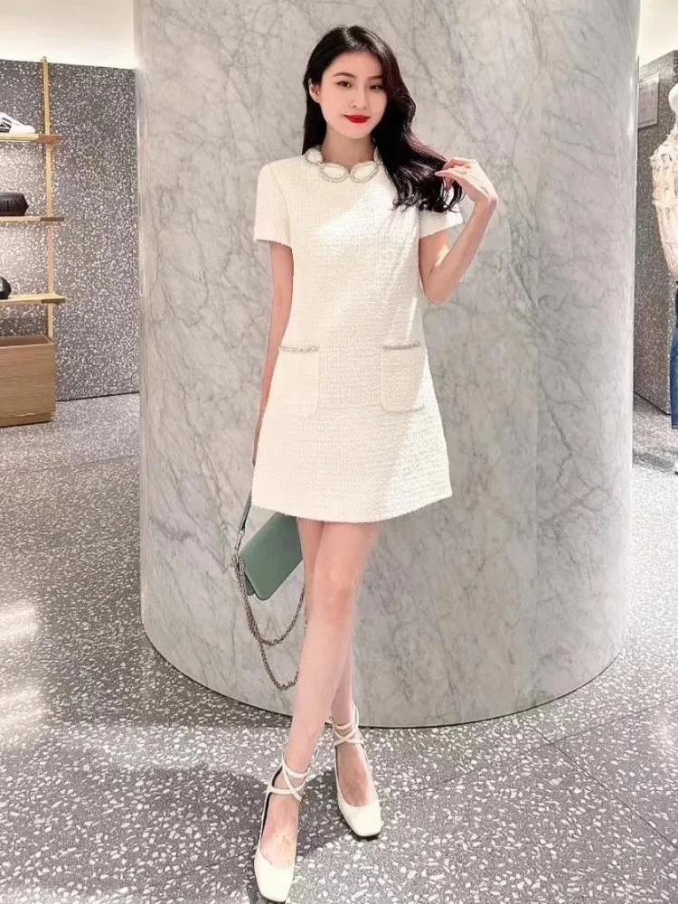 Office Ladies Elegant Tweed Dress Straight Short Sleeve Fashion French Style Women Dresses O-Neck Diamonds Zipper Casual Dress