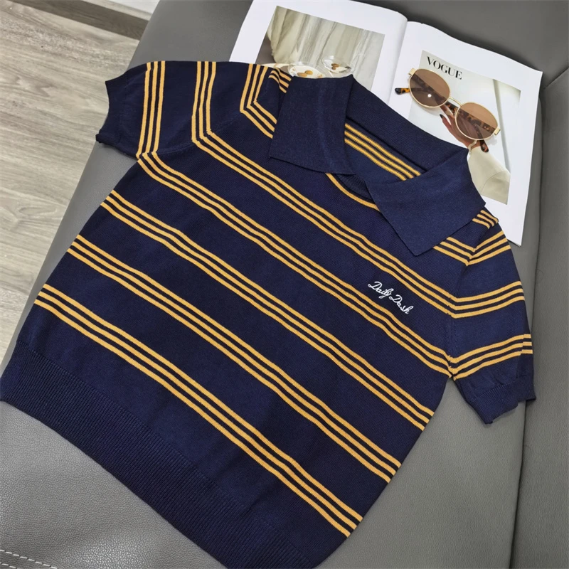 2025 verão listrado camisola camisetas femininas letras bordadas manga curta malhas camisetas elegantes moda senhoras jumpers