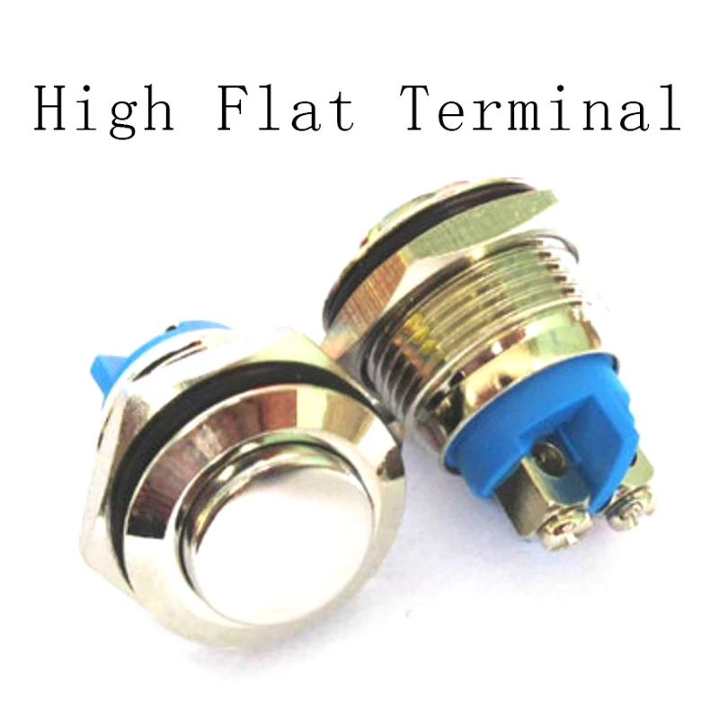 Mini interruptor de botón de Metal, reinicio automático, esférico, plano, redondo, plano, con Terminal, 16mm, 19mm, 250V, 5A