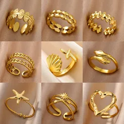 Minimalist Stainless Steel Starfish Geometric Rings for Women Gold Color Aesthetic Wedding Couple Ring Summer Beach Jewelry
