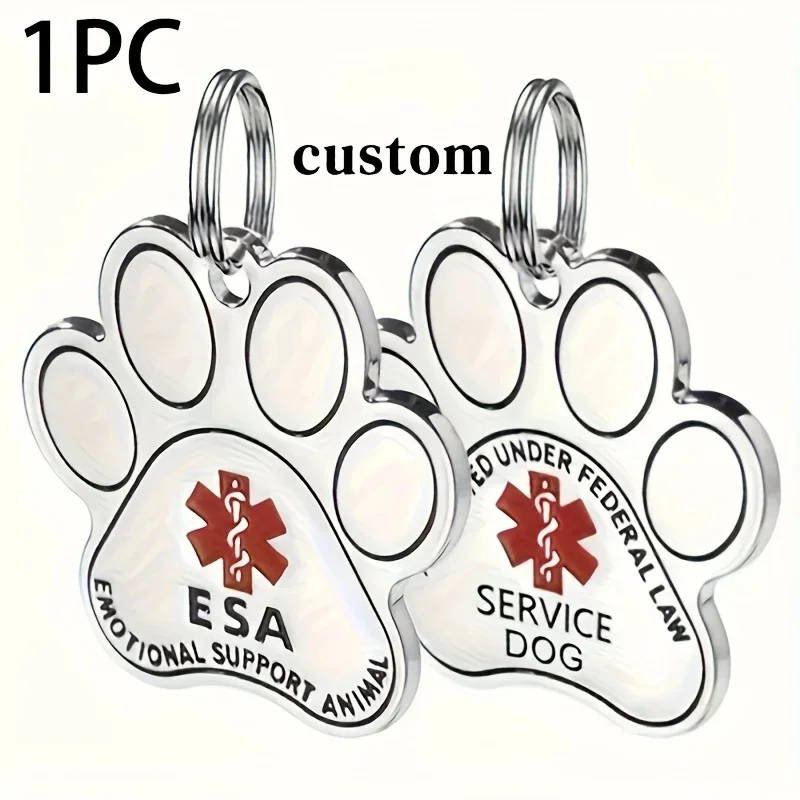 Personalized Pet ID Tags Custom Engraved Service Dog ESA Cat Name Phone Number Stainless Steel Paw Pendant