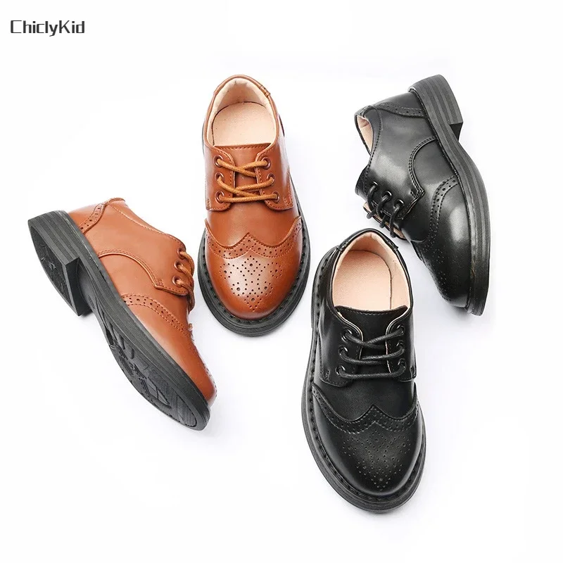 Boys Hollow Out Shoes Leather for Kids Party Wedding Dance Shoes Dress School Toddler Fashion Children Shoe Flat Black Brown