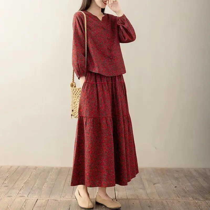 Spring Autumn Women\'s National Style Shirt + Skirt Floral Long Skirt Set Vintage Literature Cotton Linen Suit Women Outfit T2040