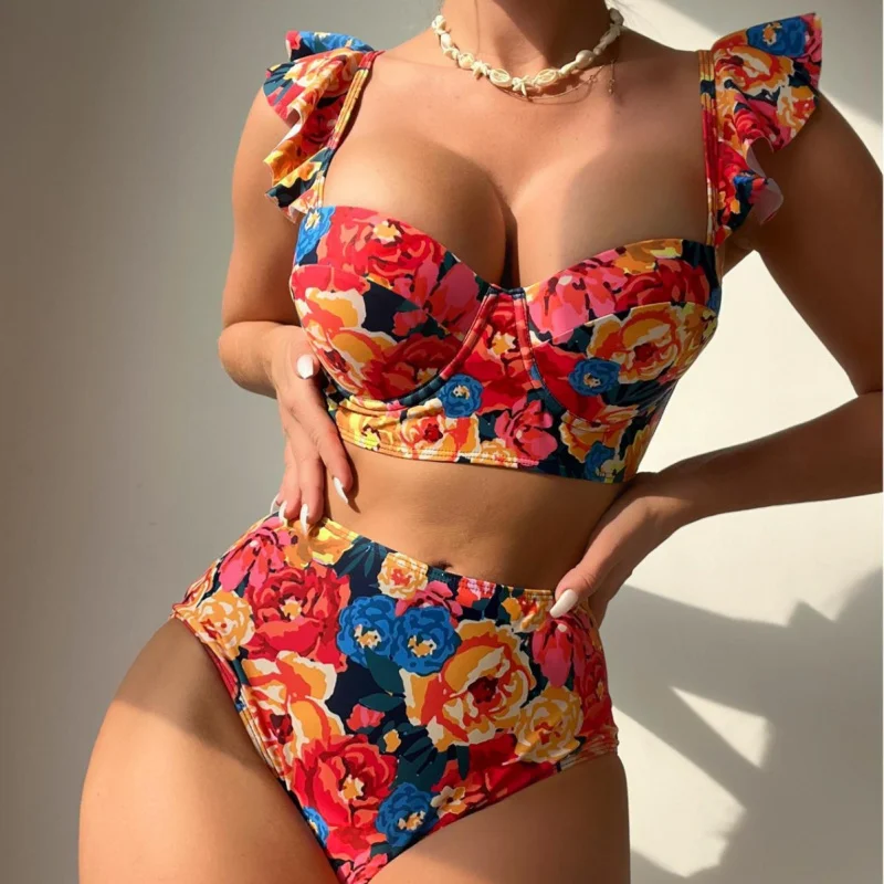 

New strapless swimsuit with print, sexy bikini, fashionable women's two-piece polyester swimwear