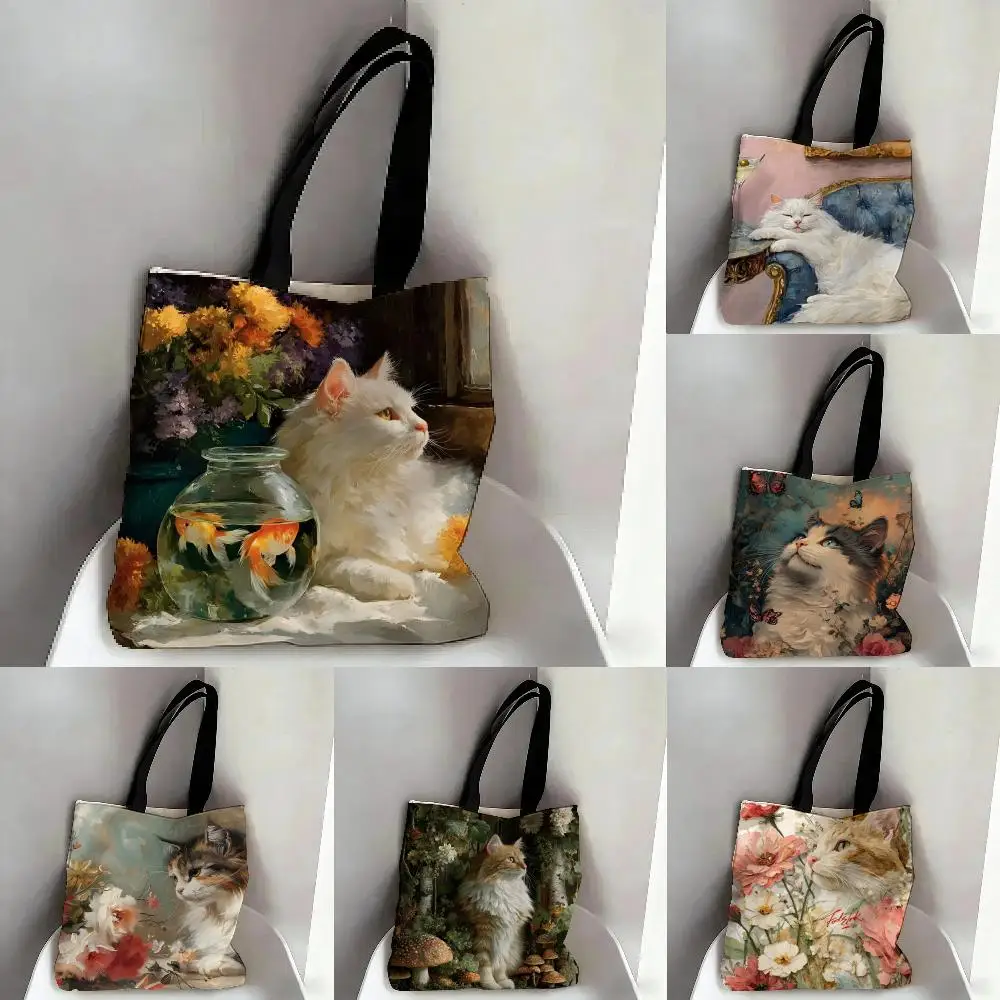 Leisure Cat Art Storage Bags Canvas Double Sided Print Fashion Shoulder Tote Shopping Bag Gift Eco Handbags