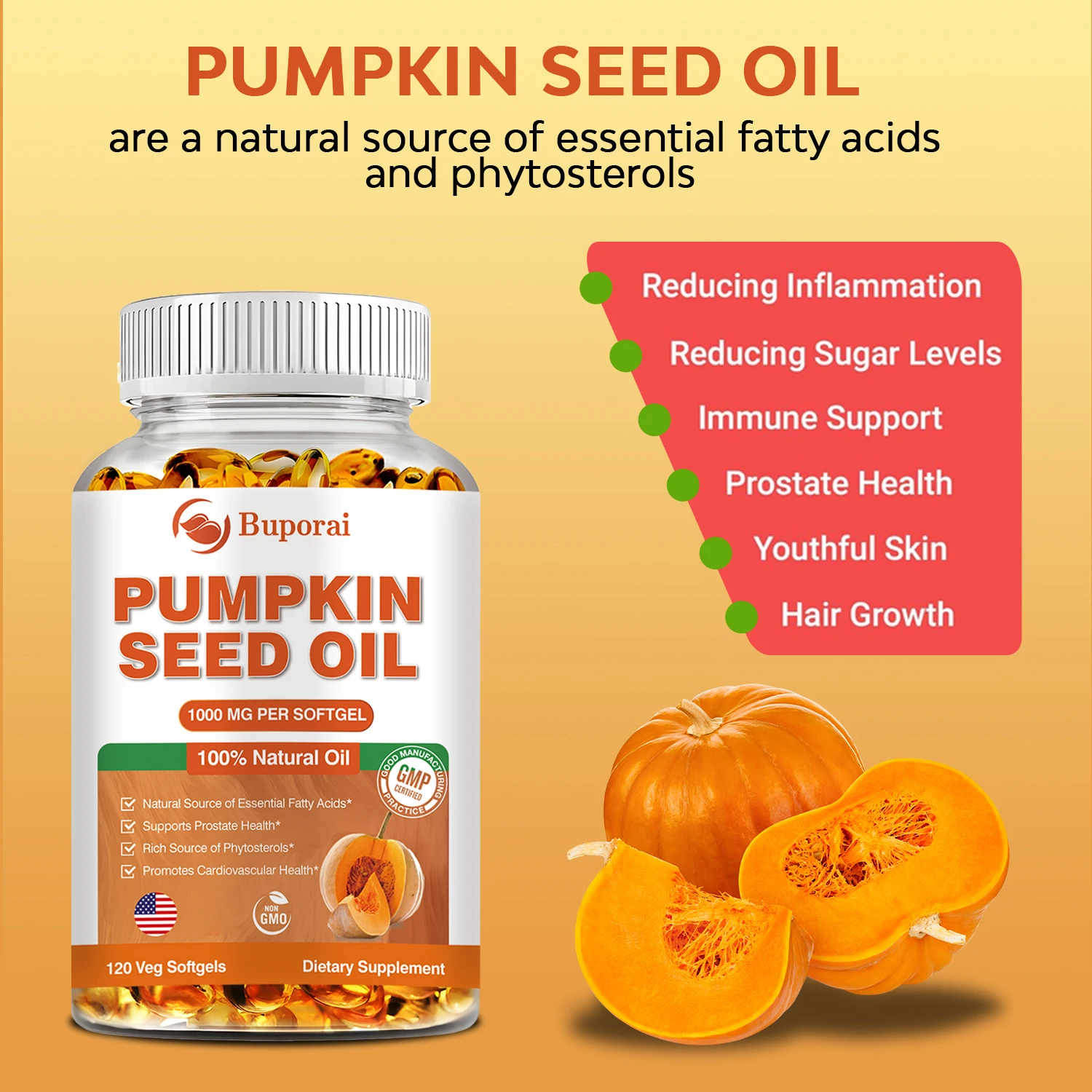 Pumpkin Seed Oil - Promotes Hair Growth, Urinary Tract and Prostate Health, Cardiovascular Support