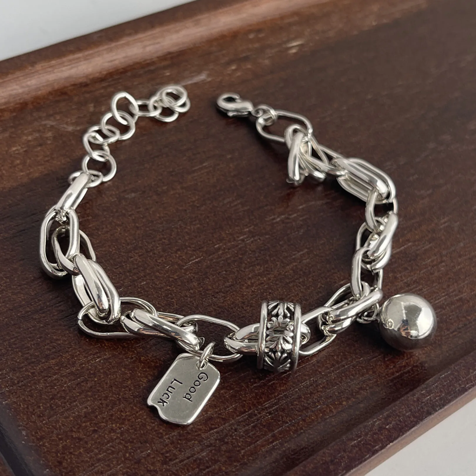 

925 Sterling Silver Bracelets for Women Men String Accessories Trend Vintage Letter Balls Pendant Party Jewelry Gift