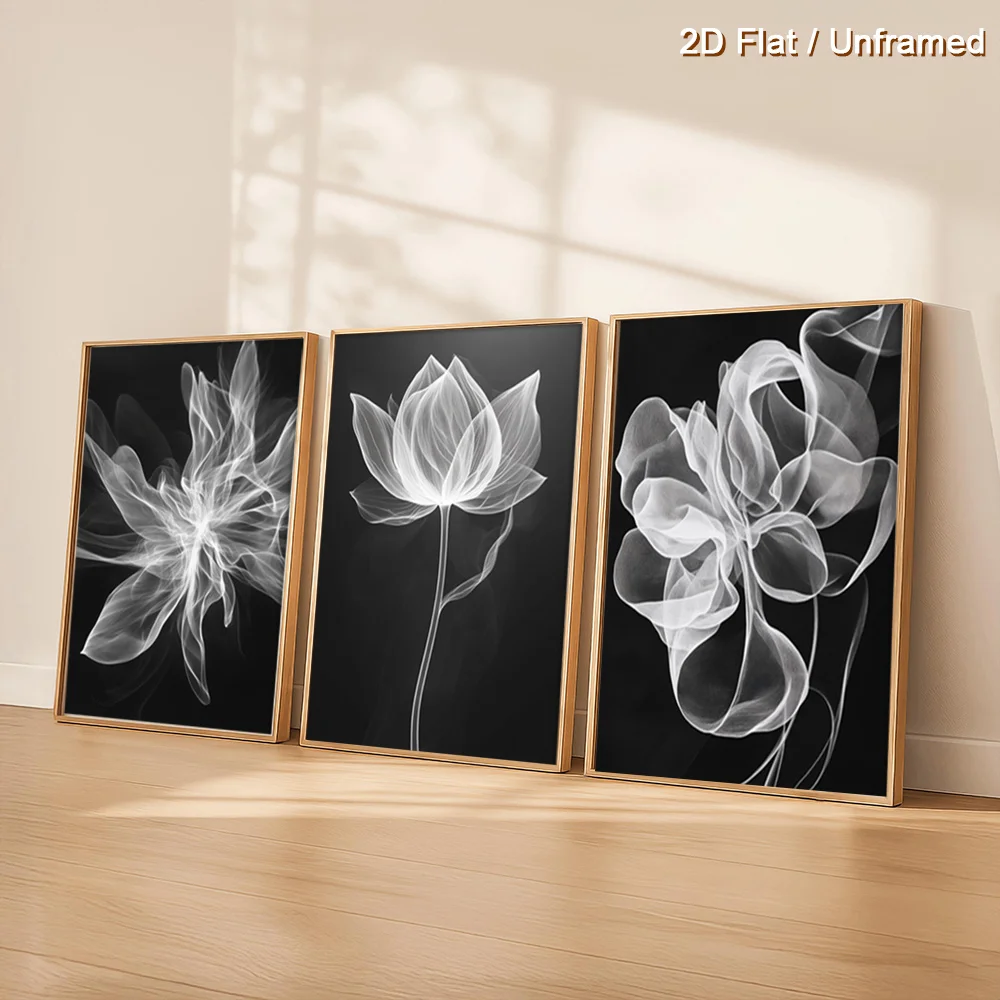 （NoFranme 3PCS）-2D Flat, 2D Flat, 3pcs Unframed Abstract Floral Art Wall Decor, Monochrome Design Canvas Decorations Painting