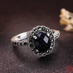 Genuine S925 Sterling Silver Charms Rings for Women New Fashion Tangent Plane Blue Sandstone Marcasite Jewelry Wholesale