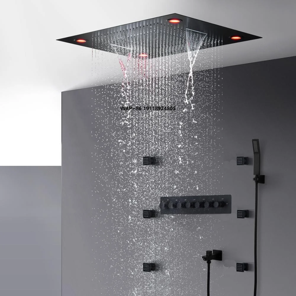 

Душевой комплект в европейском стиле, черный, со светодиодной подсветкой, термостатический клапан, матовая черная душевая лейка, смеситель с эффектом водопада и дождя, душевая панель из SUS304