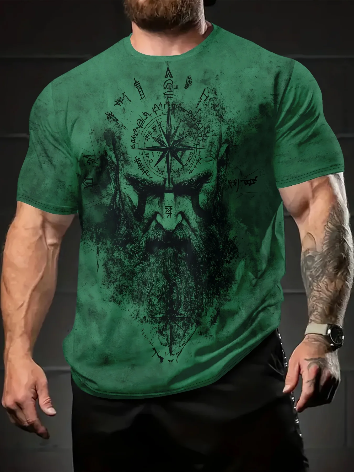 Men Short Sleeve T‑Shirt Vintage Norse Warrior Rune Compass Grunge Tie‑Dye Crew Neck Tops