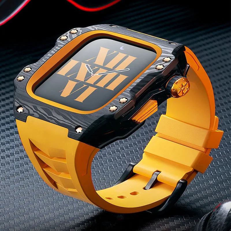 

Luxury Modified Kit Carbon Fiber Protective Case With Band Strap Black Metal Bezel for IWatch Apple Watch Series 7 8 9 44mm 45mm