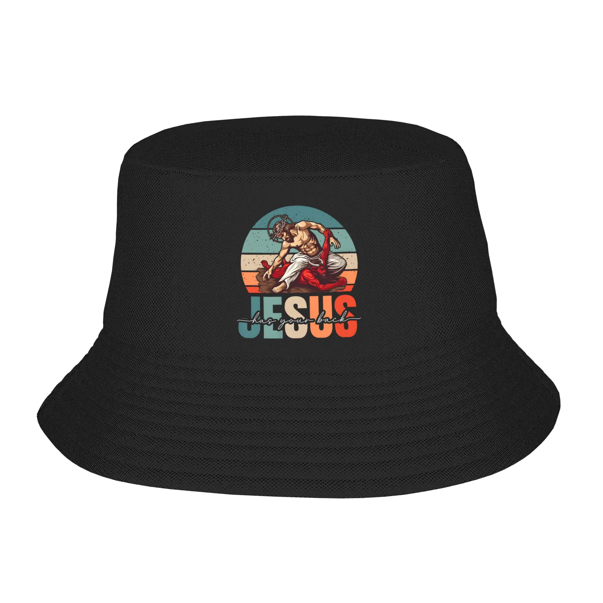 Girl Harajuku Bucket Hats Jesus Has Your Back Jiu Jitsu Accessories Bob Hat For Vocation Getaway Headwear Lightweight