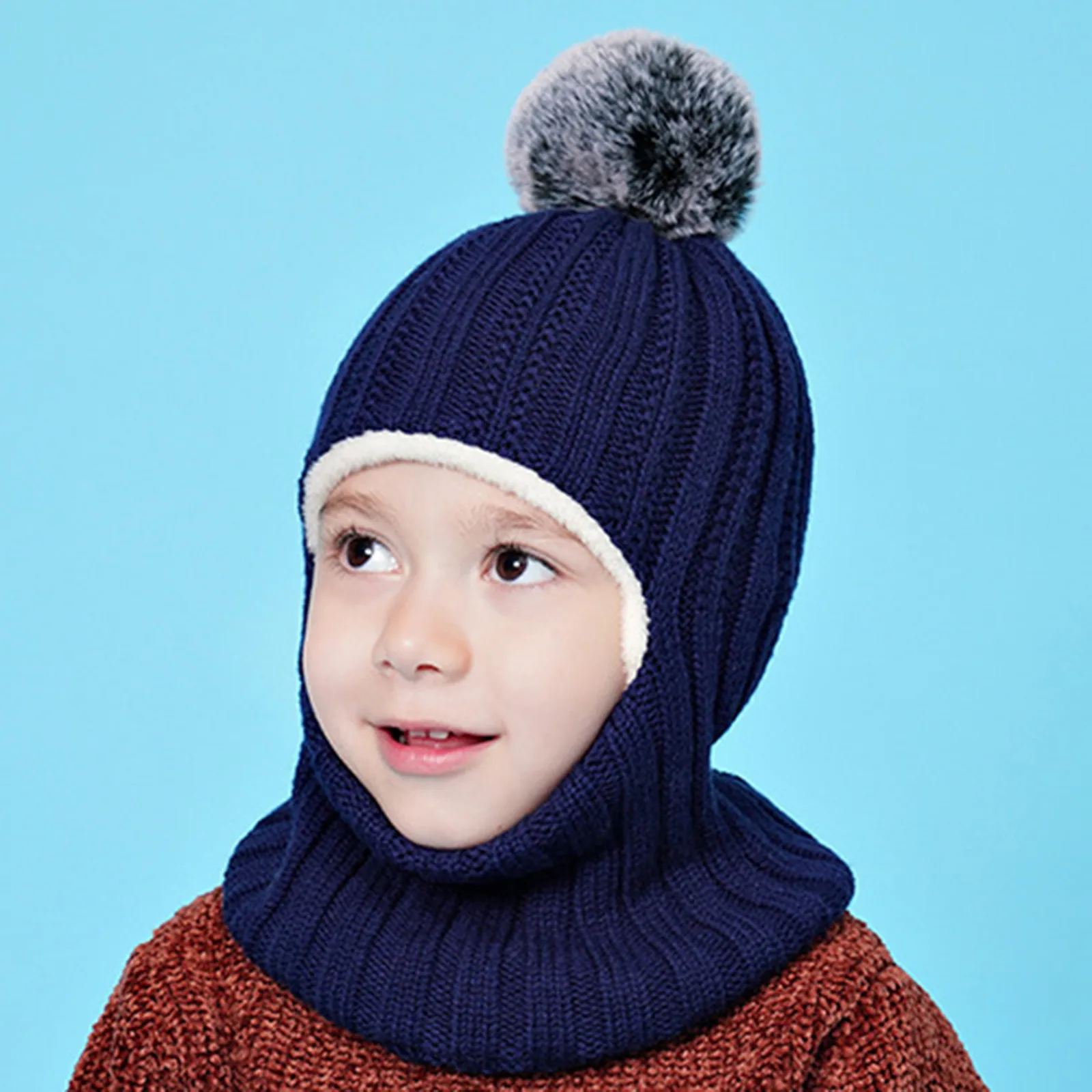 Gorro de pasamontañas cálido de invierno para niños, gorros de punto con pompón para niñas, gorro, bufanda, redecilla con gorros de lana de doble capa para niños