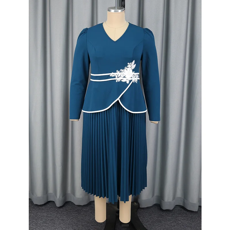Slergiri Plus Size 2 In 1 Appliques Pleated Long Dress Women 2026 Spring V-neck Long Sleeve Elegant Office Ladies Party Dresses