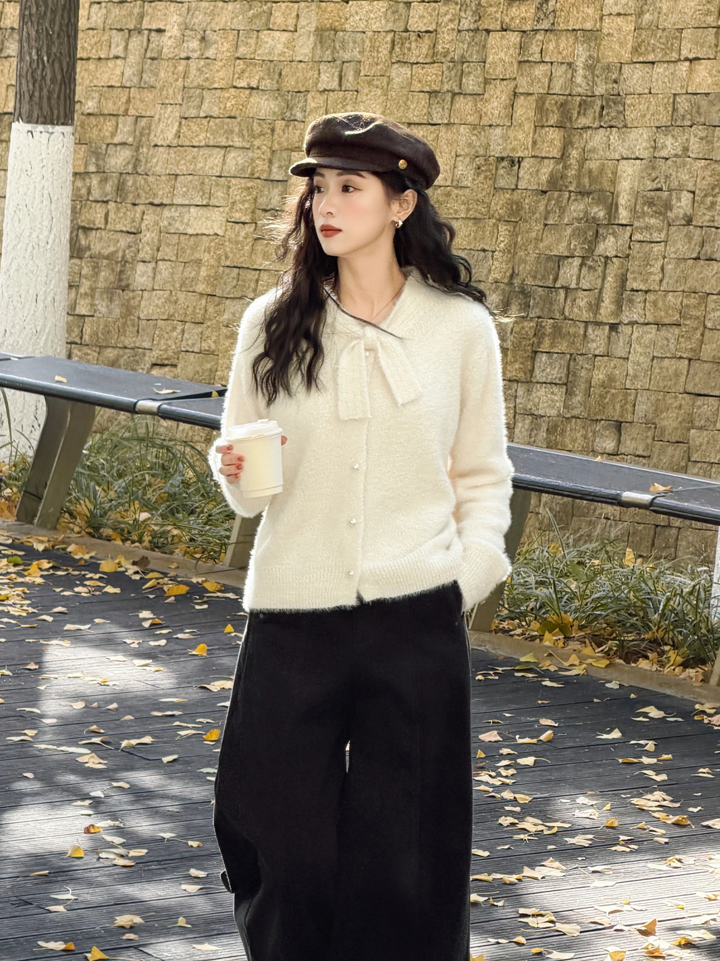 

Soft Knitted Winter Sweater with Bow Tie Single Button Korean Sle Gentle Loose Fit Women's Faion Commute Sle Knitwear