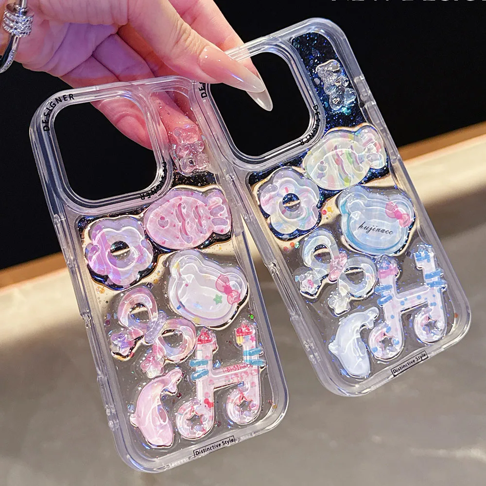 Transparente 3d peixe notação musical para iphone 15 14 13 16 pro max 15 plus caso bonito cristal bling glitter claro capa protetora