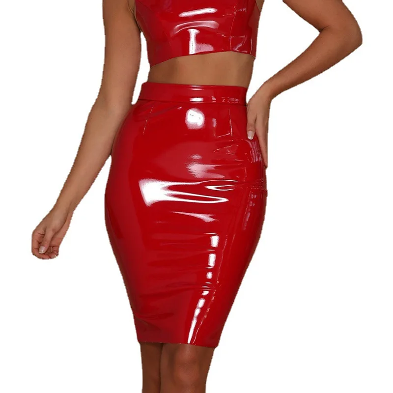 LJCUIYAO Shiny Skirts For Women Black PU Leather Bodycon Long Pencil Skinny High Waist Office Lady Clubwear Zipper Knee Length