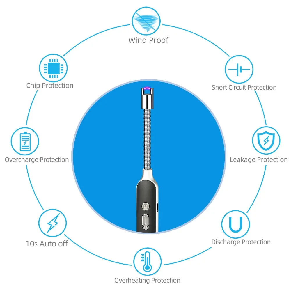 USB Electric Rechargeable Kitchen Long Candle Lighter Suitable Stove Cooking Ignition Windproof LED Plasma Arc Flameless Lighter