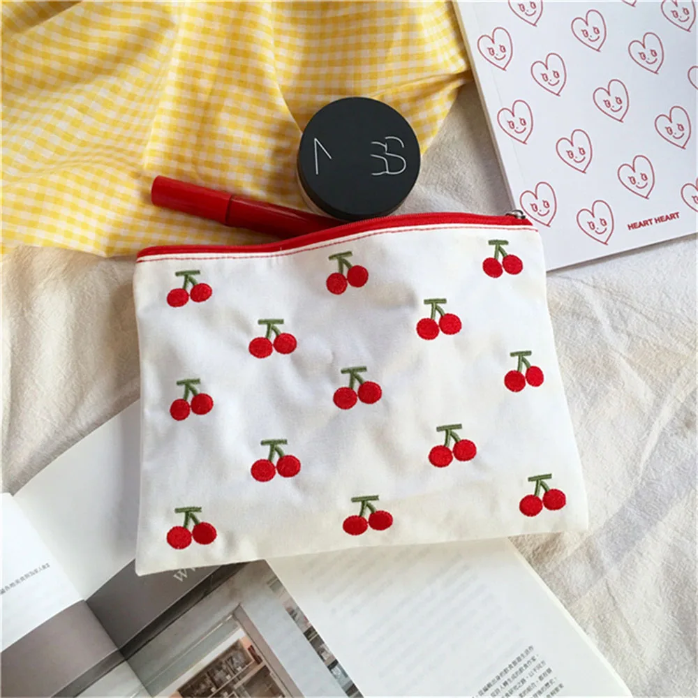 Cosmetic Bag Fashion Cartoon Cherry Embroidery Pencil Case Make Up Storage Pouch Student Stationery Bag