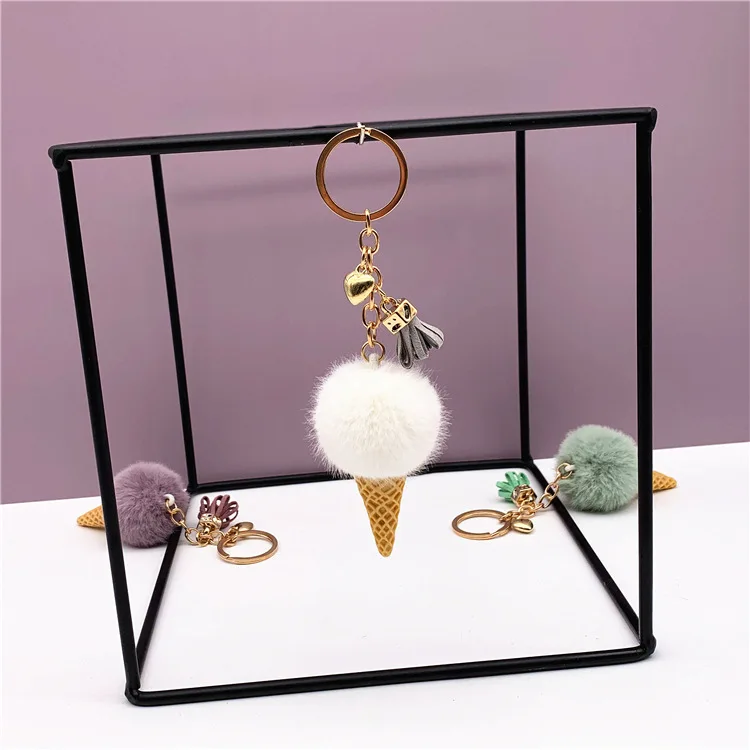 15 buah/set gantungan kunci es krim baru untuk wanita pria mewah gantungan kunci Pompom cincin liontin gantungan kunci pemegang pesona tas hadiah perhiasan