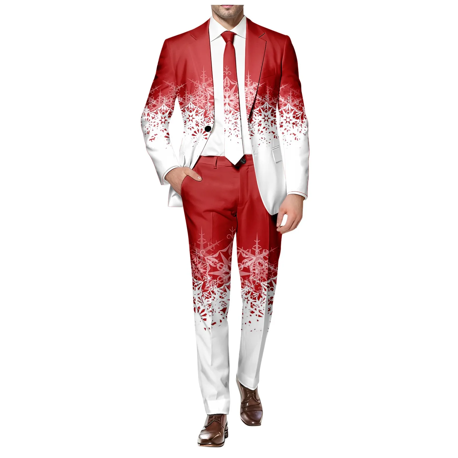 Blazer Men\'s Christmas 2 Piece Suit Set Snowflake Print Suit Jacket And Pants Set Slim Fit Xmas Party Wear Formal Suit For Men