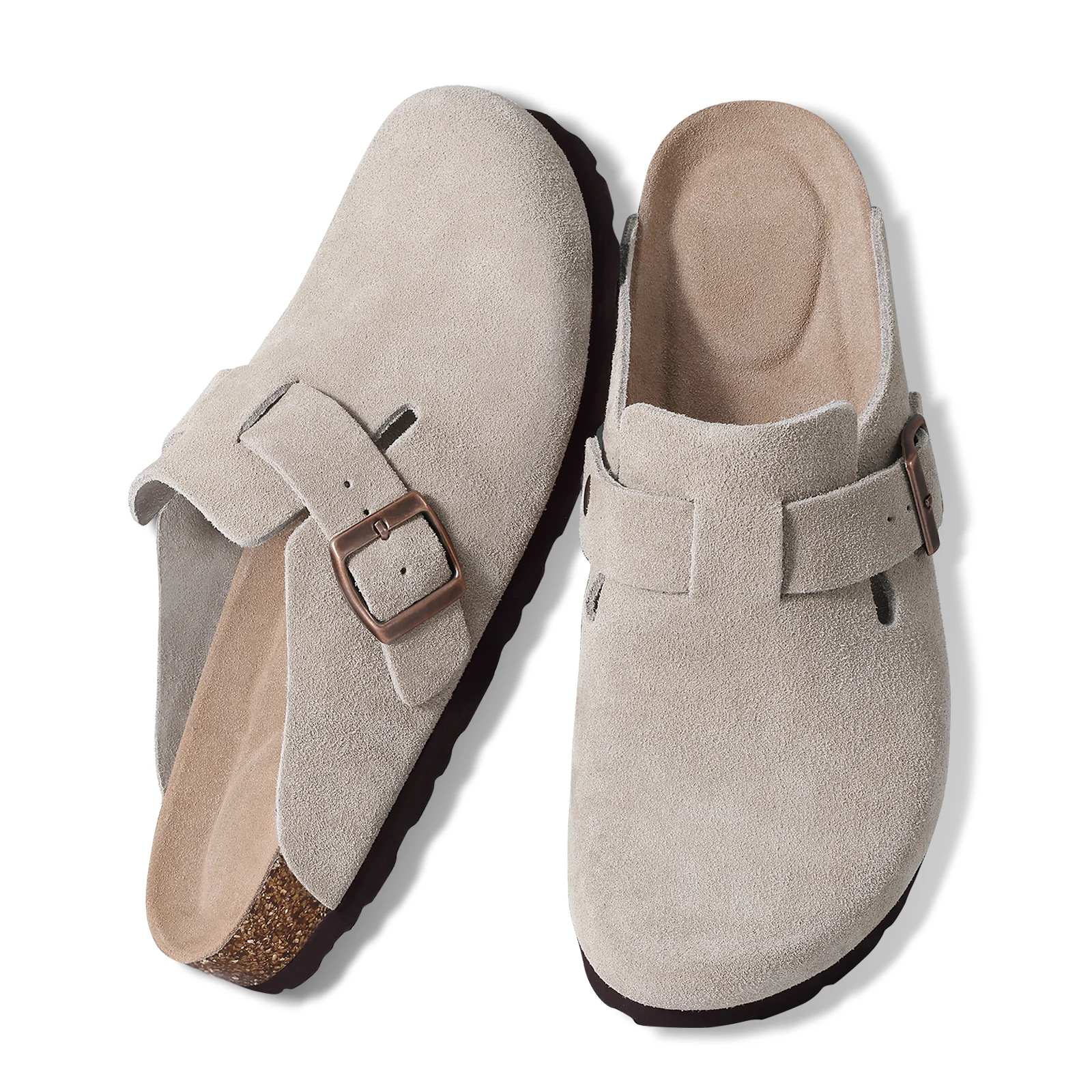 Kidmi Nieuwe Vrouwen Klompen Mannen Klompen Suède Slippers Mode Kurk Voetbed Lederen Slippers Klassieke Muilezels Zachte Antislip Huis Slippers