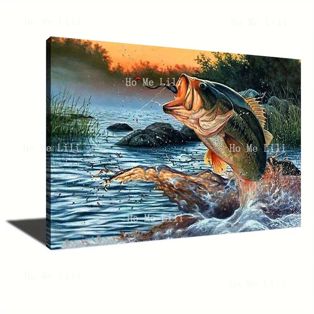 Powerful Bass Fishing Fish Jump Scene Fishing Lovers Canvas Artwork For Bedroom Living Room Home Office Cafe Decor