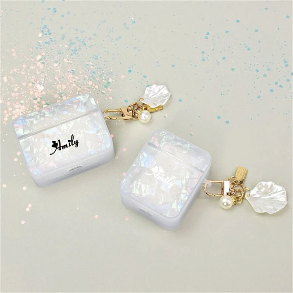 맞춤형 이름 글자 럭셔리 화이트 쉘 패턴 이어폰 케이스, 에어팟 1, 2, 3 프로 2 DIY, 비드 펜던트 포함