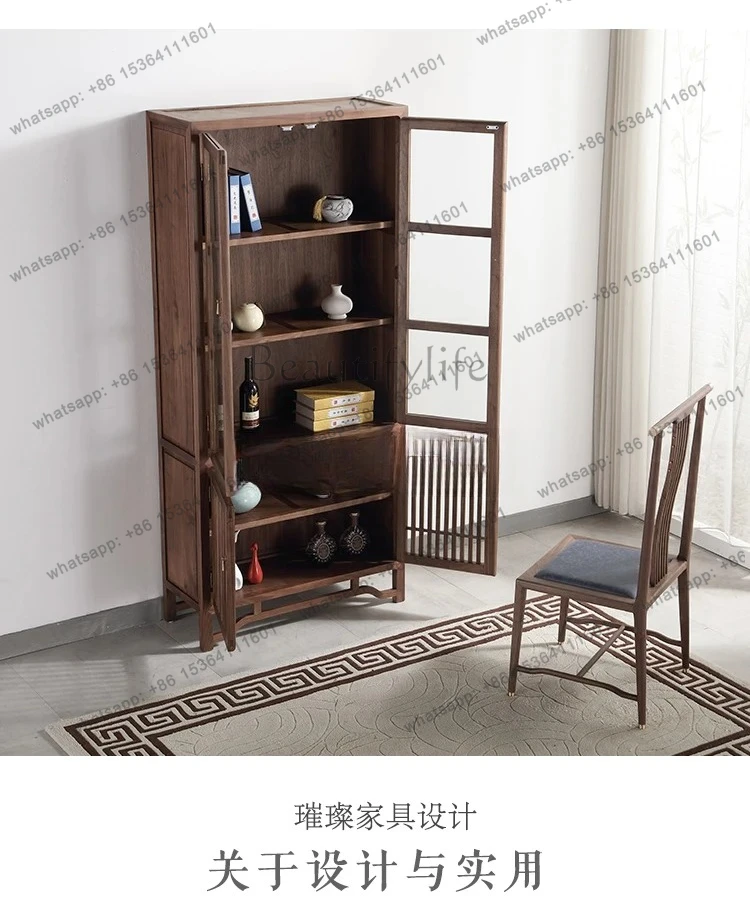 new Chinese walnut bookcase glass solid wood display wine cabinet zen storage storage