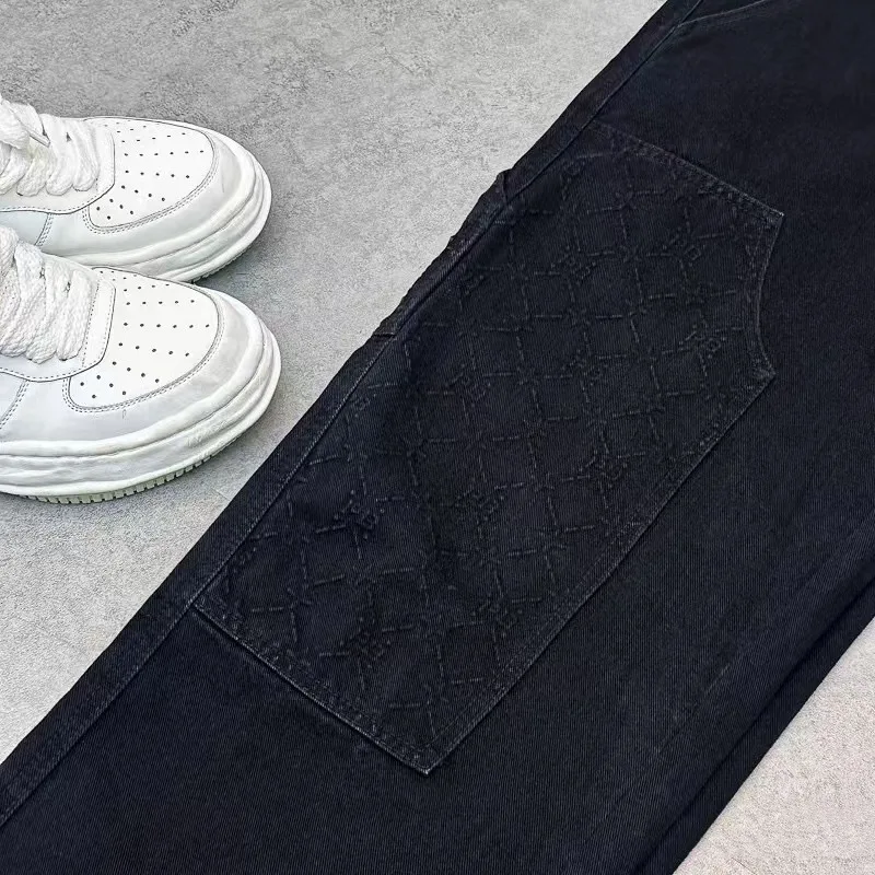 

Модные свободные прямые мужские джинсы с металлическими буквами, оригинальный дизайн, осенняя новинка, простые хлопковые джинсовые брюки