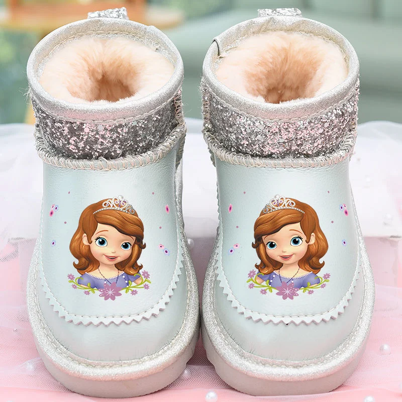 Disney Princess Girls Frozen Winter Snow Fur stivali in pelle scarpe da acqua antiscivolo viola rosa rosso scarpe calde taglia 26-37