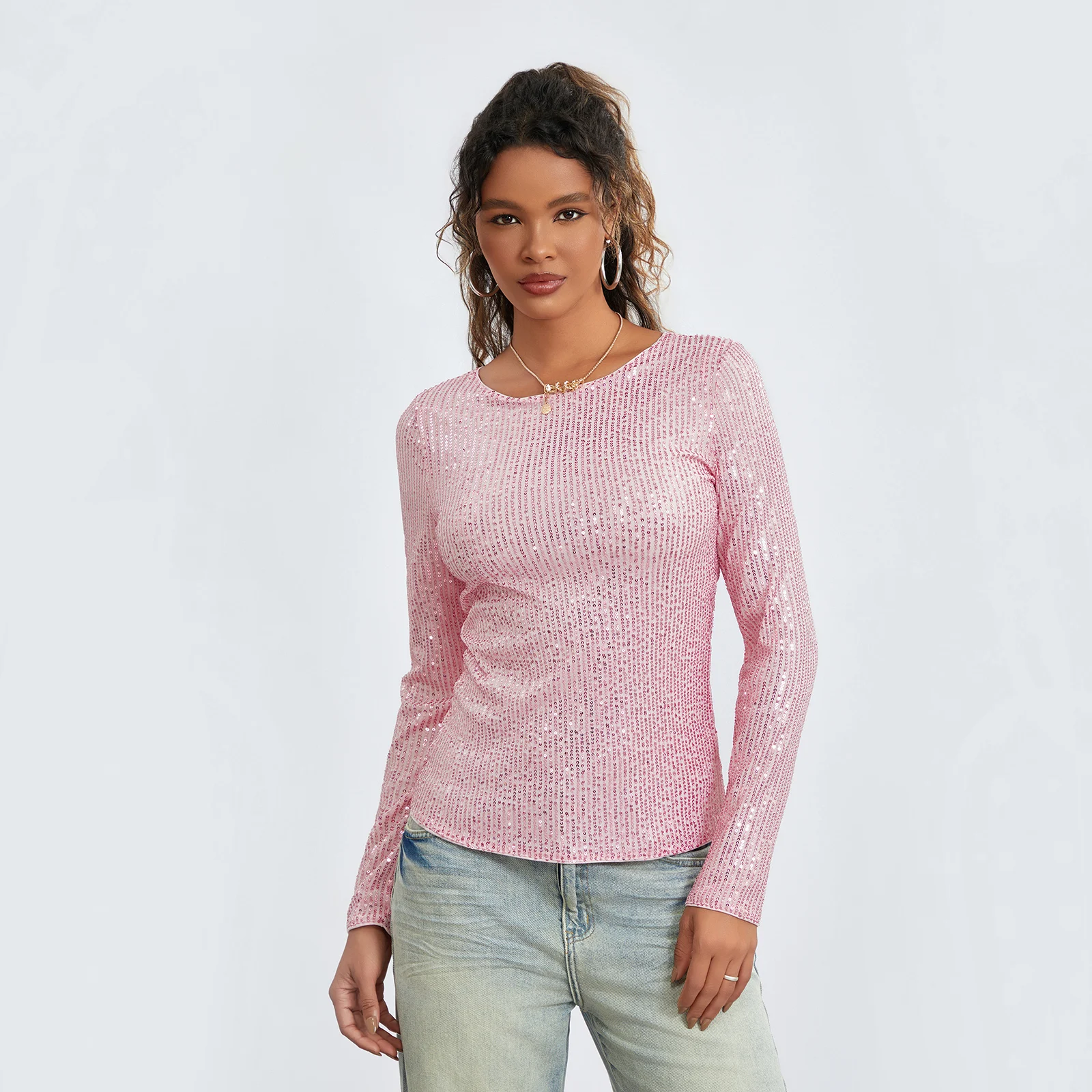 Women\'s Sequins Long Sleeve Tops Y2k Slim Round Neck T-Shirts Streetwear Aesthetic Clothes Bottoming Shirt for Fall