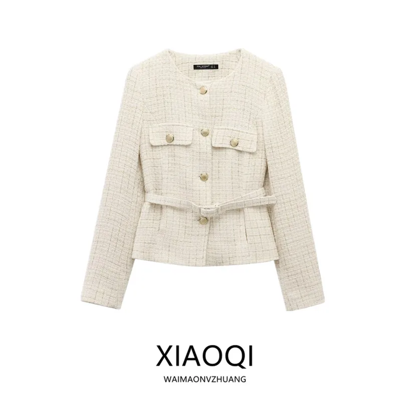 

Spring 2025 Women's Casual Long Sve round Ne Suit Jaet New Arrival Texture Belt Straight Cut Versatile Faion Outerwear