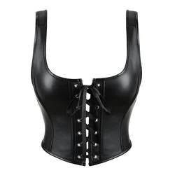 Leather Corset Lace Up Bustiers Vest with Strap Slimming Body Shaper Outwear Women's Overbust Corsetto Korset