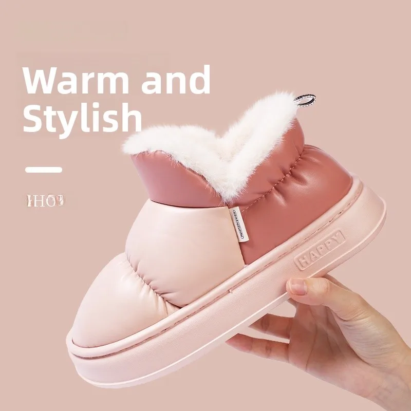 

Qidann PU Leather Fleece Lined Slippers Women's Indoor Winter Warm Thick Heel Anti Slip Outdoor Wear Slip on Slippers