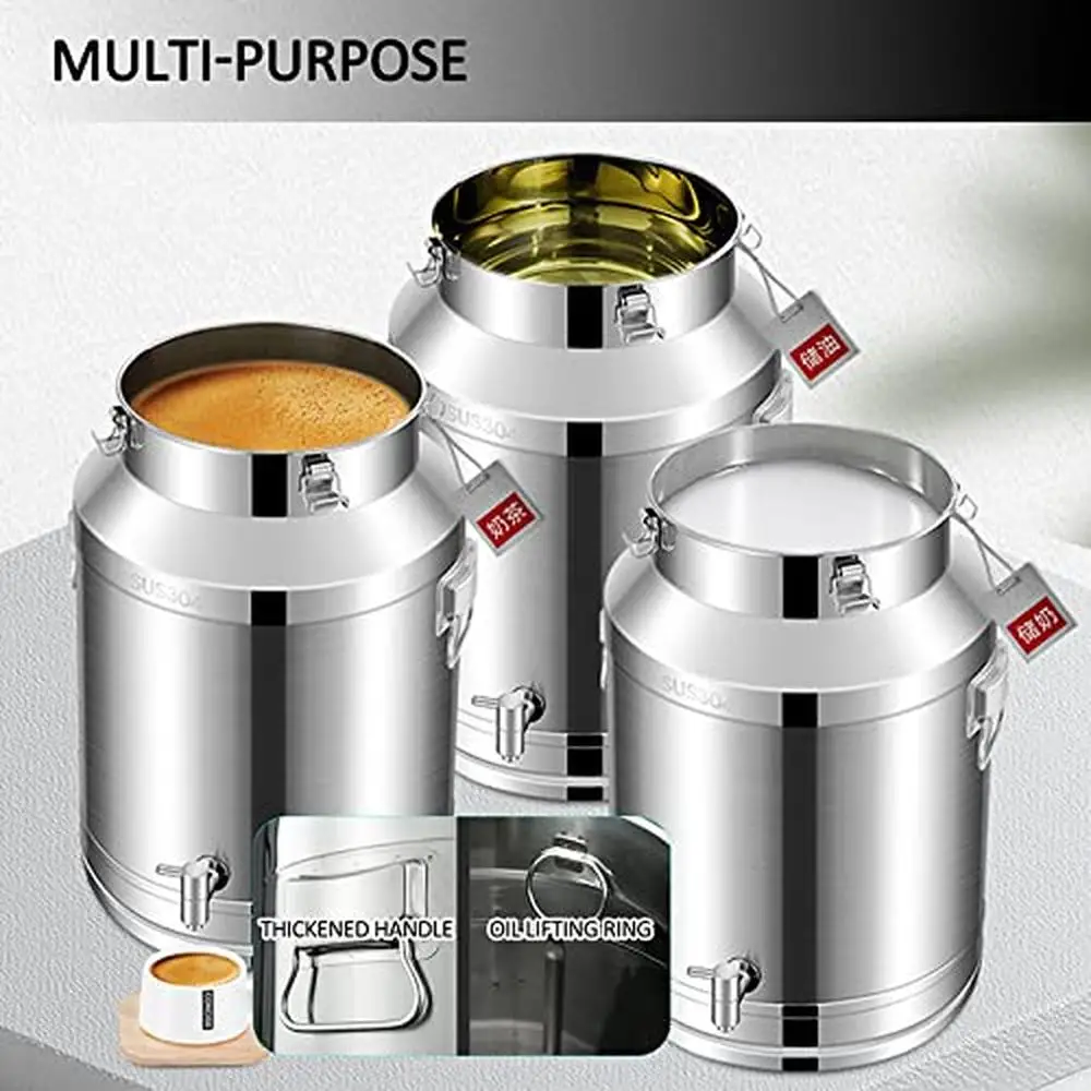 Portable Stainless Steel Milk Can with Tight-Sealing Lid 15L-35L Heavy Duty Storage Transport Bucket Jug