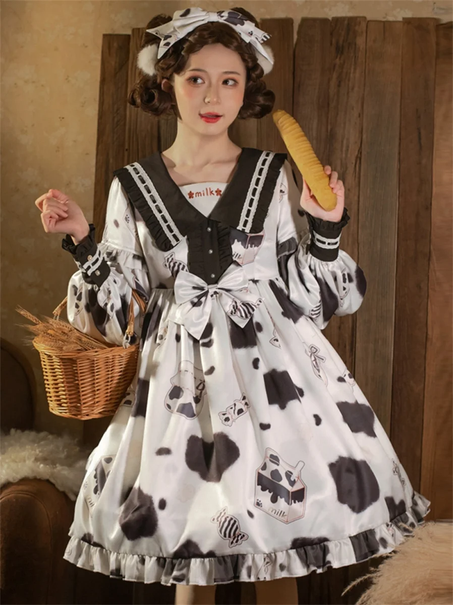 

Japanese Sweet Style Lolita Op Kawaii Loli Girl Cosplay Cute Printing Cow Puff Sleeve Sailor Collar Ribbon Bowknot Ruffle Dress