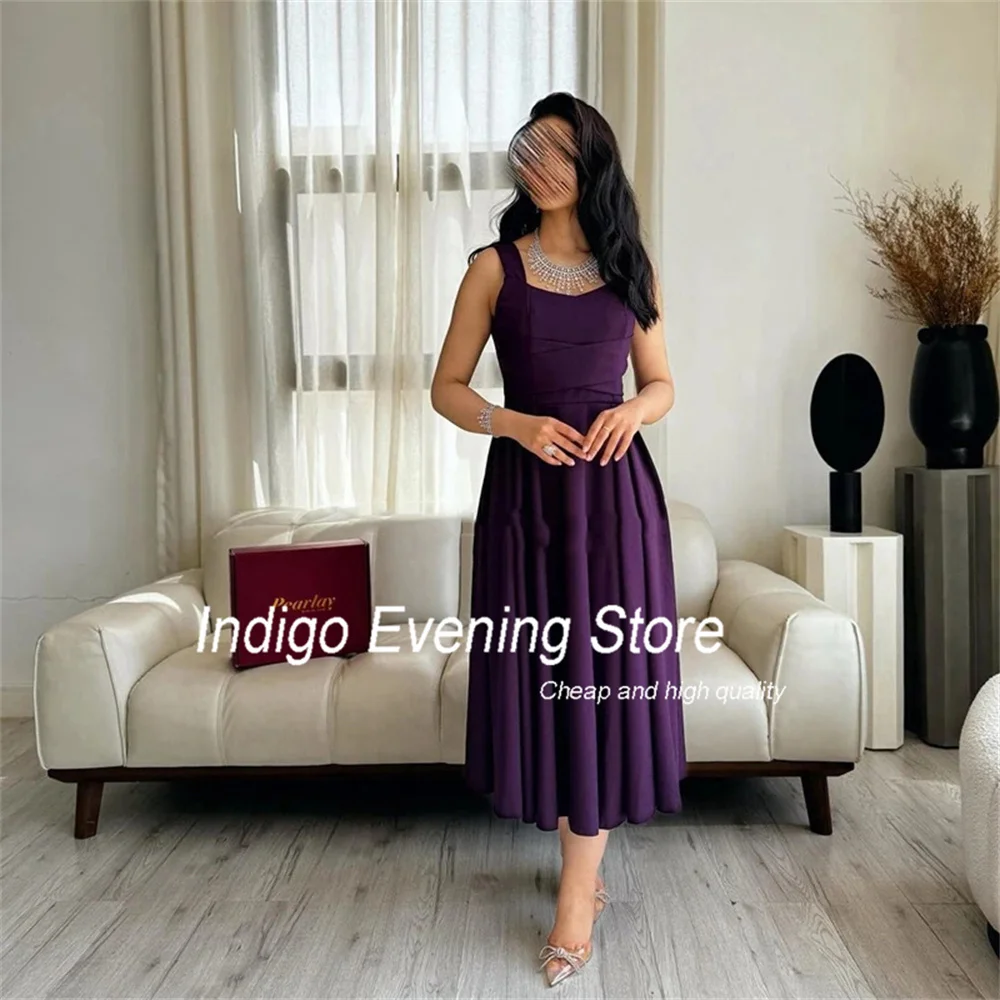 Indigo Evening Dress 2025 Spaghetti Straps Sleeveless Tea-Length Pleat Prom Gown Formal Occasion Dress فساتين السهرة Customized