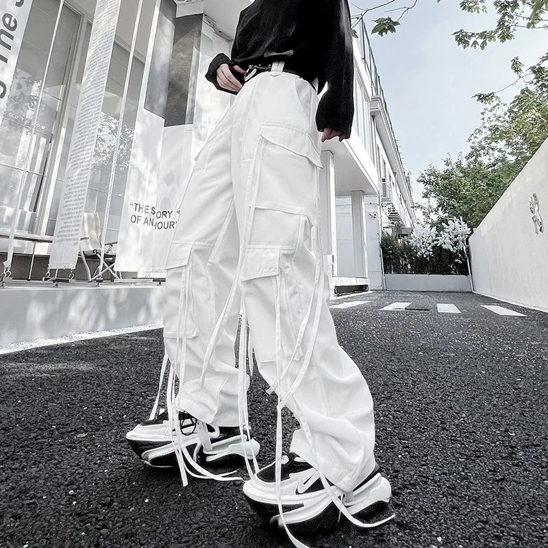 Male Men Unisex High Street Pants Ribbon Trousers Moto Biker Trendy Y2K Chic Ins Dance Hippie Festival Party Nightclub Pantalon